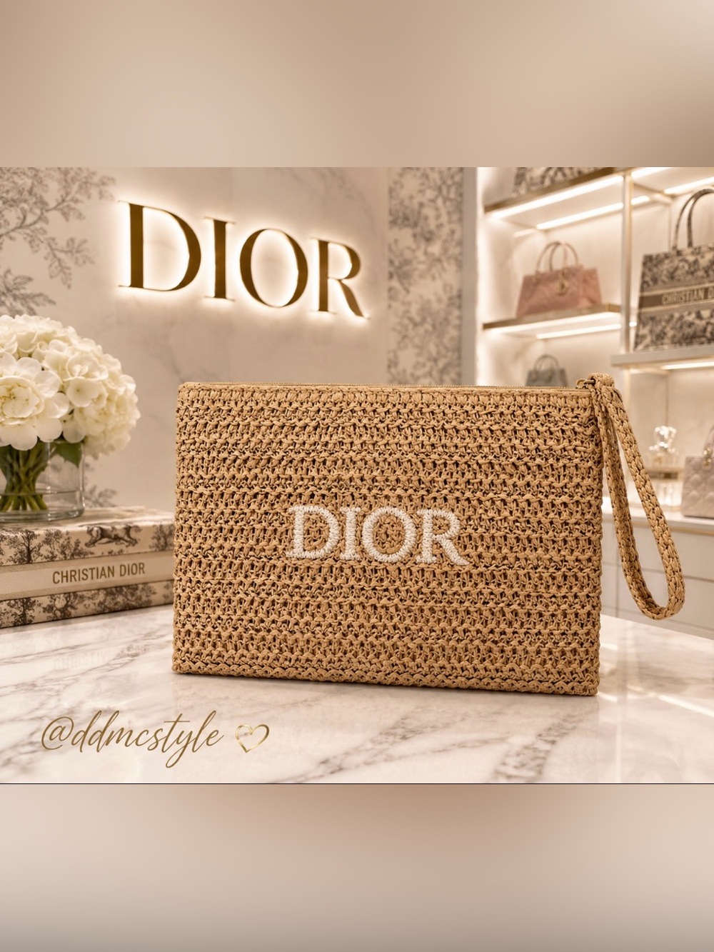 Dior Beauty Beige Woven Raffia Cosmetic Pouch with White Logo